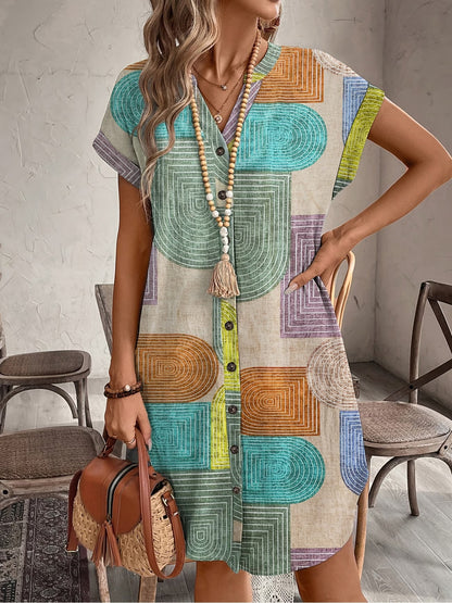 Ailsa | Elegant Geometric V-Neck Button Dress