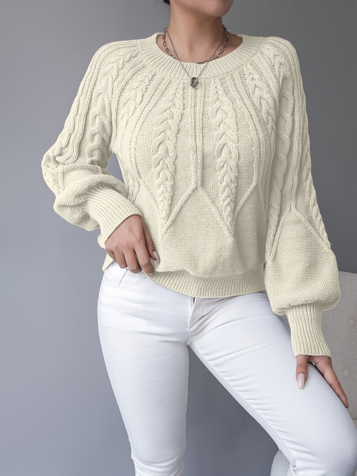 Odette | Cable-Knit Lantern Sleeve Sweater