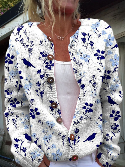 Vintage Flower Art Print | Buttoned Cardigan Sweater