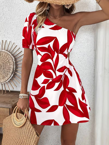Celia | One-Shoulder Leaf Print Mini Dress