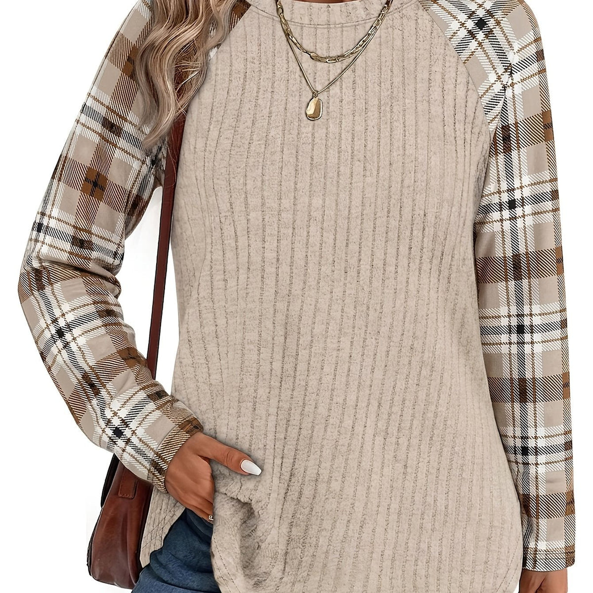 Audrey | Ribbed Check-Sleeve Top