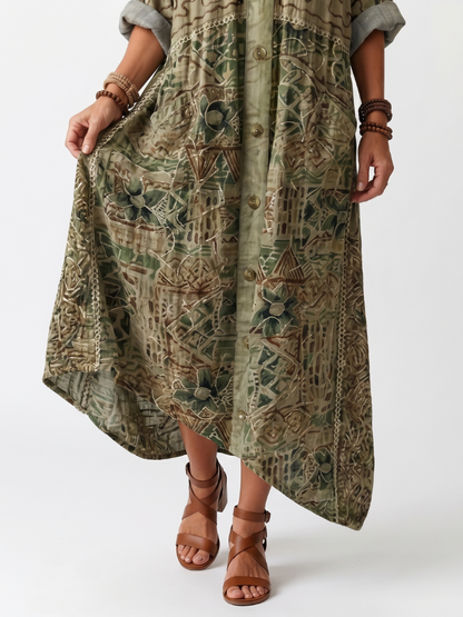 Aleta | Button Front Embroidered Oversized Pocket Midi Dress