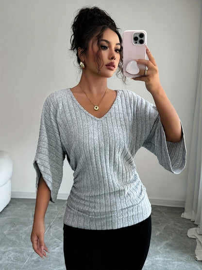 Juliana | Ribbed Draped V-Neck Top