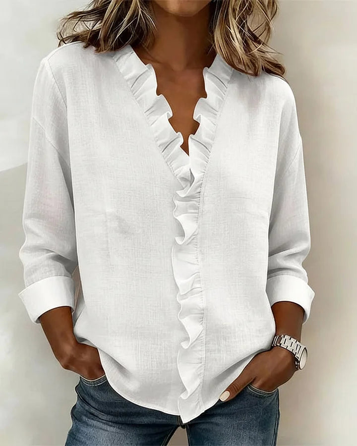 Indie | Blouse with Ruffles, V-Neck and Long Sleeves