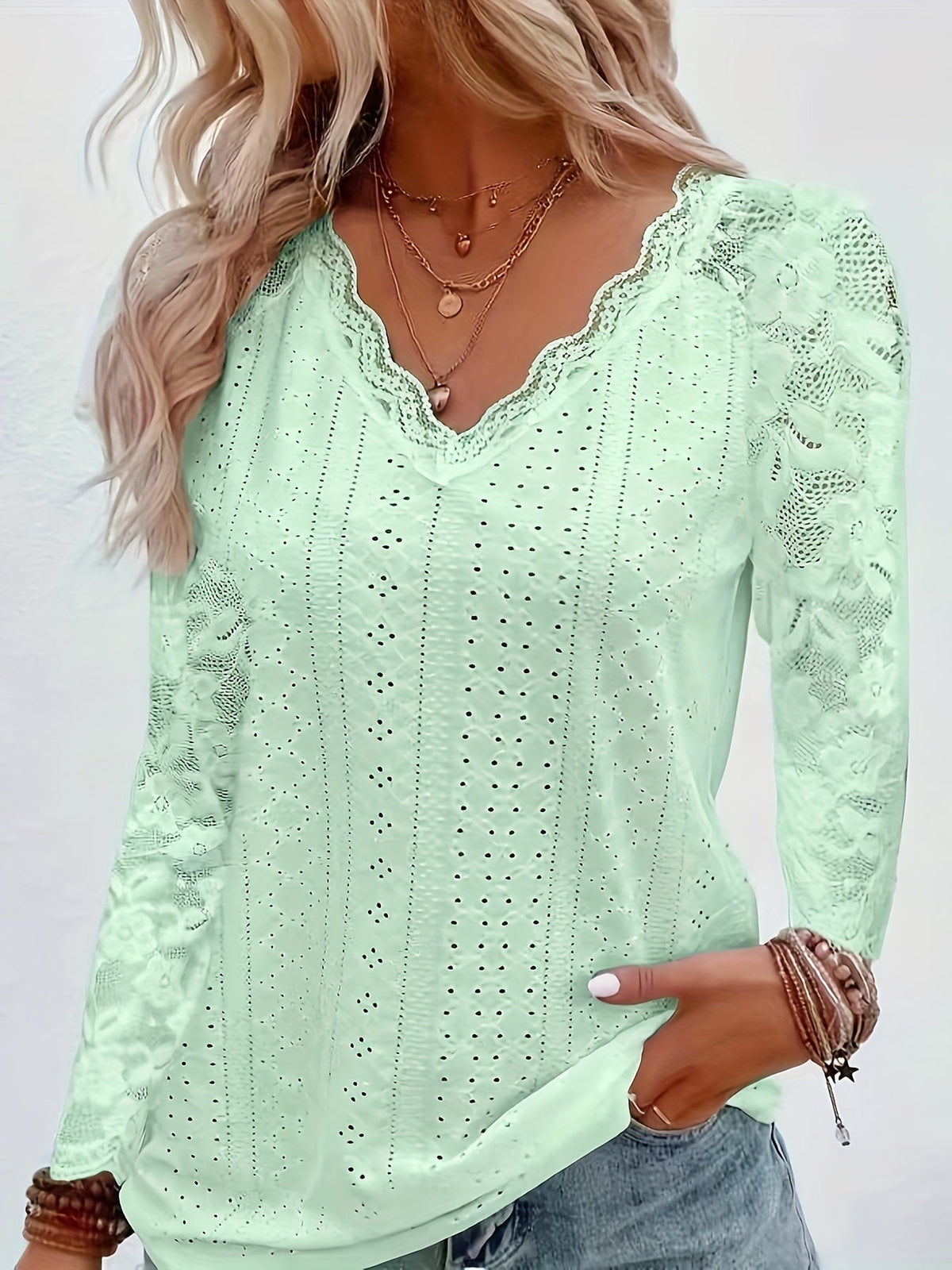 Rosetta | Lace-Sleeve Tie-Neck Top