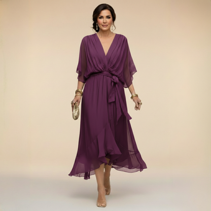 Verenia | Elegant V-Neck Flowy Sleeve Dress