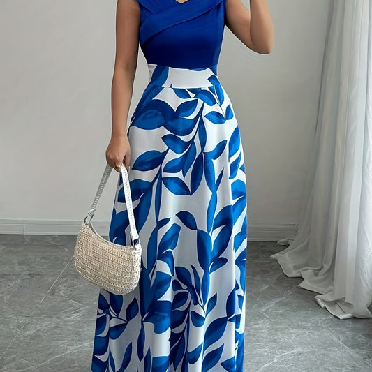 Sabrina | Elegant Leaf-Print A-Line Maxi Dress