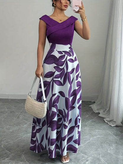Sabrina | Elegant Leaf-Print A-Line Maxi Dress