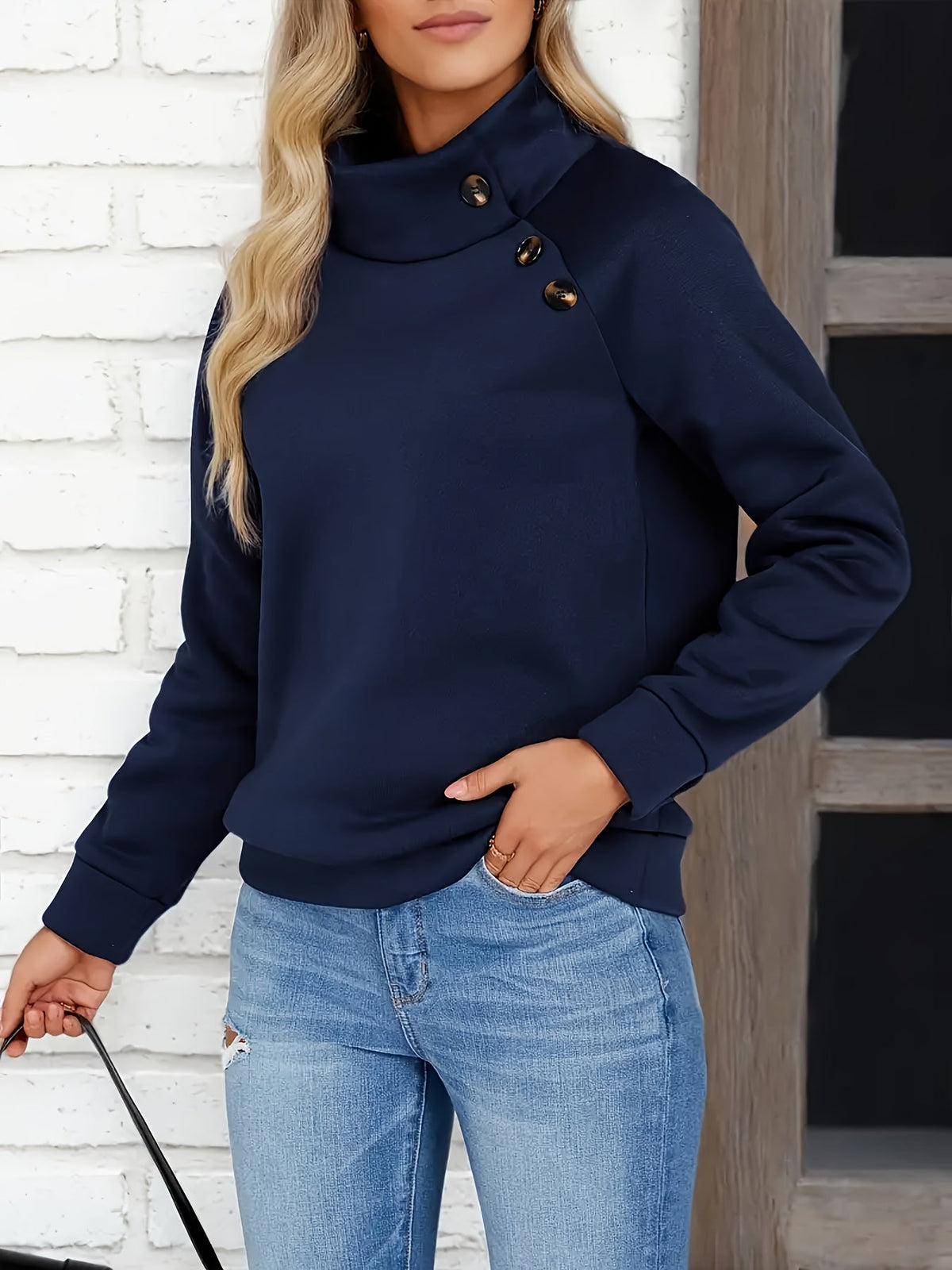 Heidi | Button-Detail Stand Collar Sweatshirt