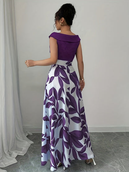 Sabrina | Elegant Leaf-Print A-Line Maxi Dress