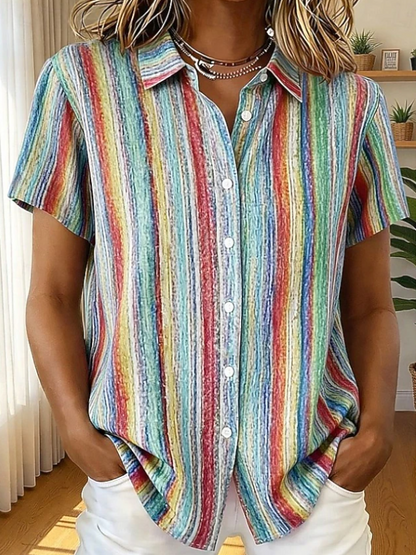 Santoria| Casual Boho Stripe Short Sleeve Shirt