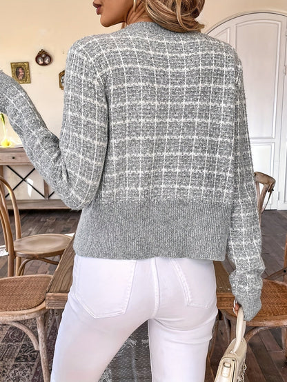 Women's Cropped Knit Cardigan with Houndstooth | Button Up