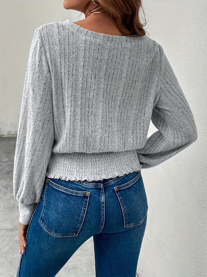 Tabitha | Ribbed Smocked-Hem Long Sleeve Top