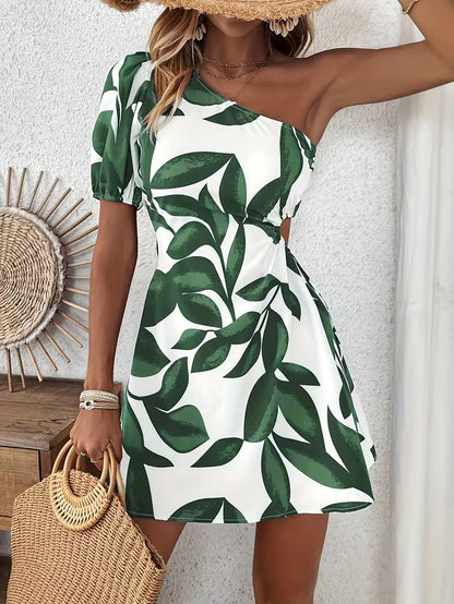 Celia | One-Shoulder Leaf Print Mini Dress