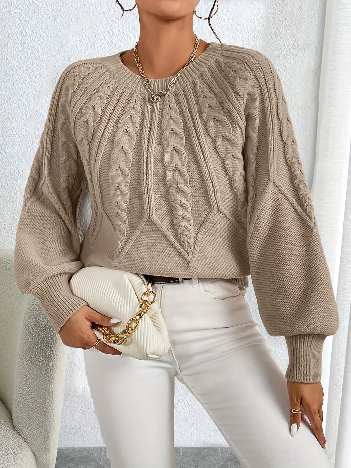 Odette | Cable-Knit Lantern Sleeve Sweater