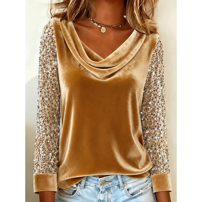 Annabel | Shimmer-Sleeve Draped Cowl Neck Top