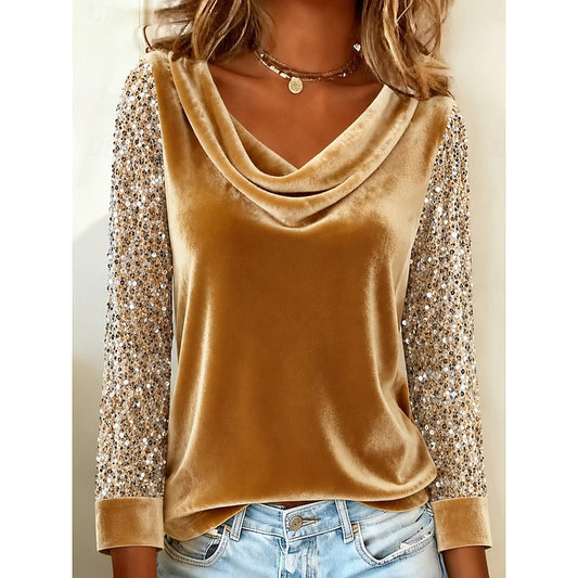 Annabel | Shimmer-Sleeve Draped Cowl Neck Top