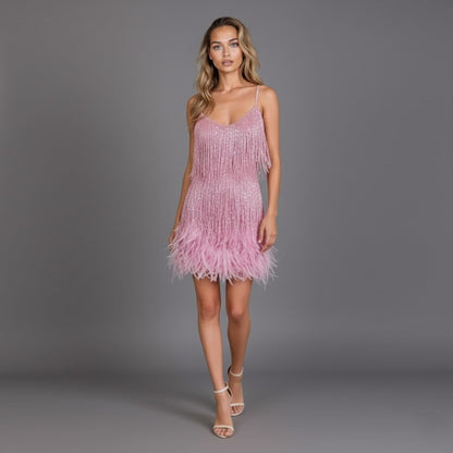 Vivienne | Fringe and Feather Party Mini Dress